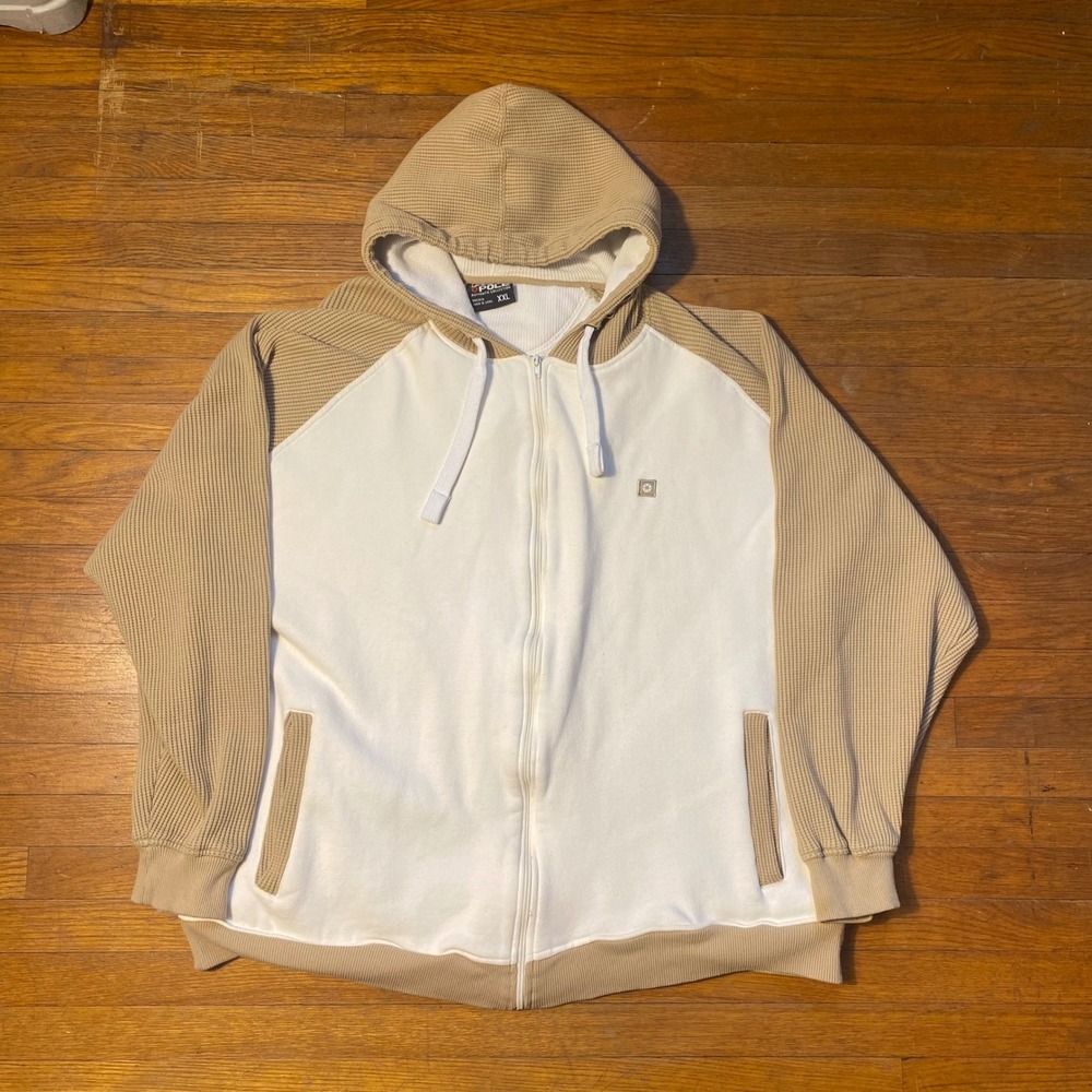 Y2K South‎ Pole Mens XXL White Tan Waffle Knit Full Zip Hoodie Flawed